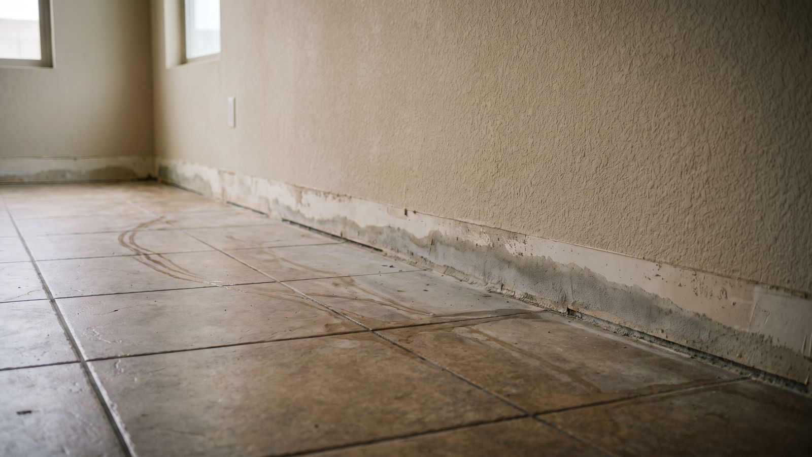 Documenting a Water Loss for the Carrier | Restoration Doctor Damp tide line on a stucco wall with the baseboard removed above wet tile, documented for a Florida insurance claim.