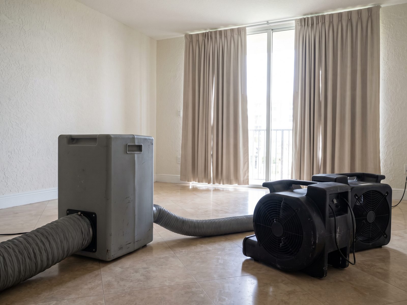 Unbranded dehumidifier and a bank of air movers running on the tile floor of a Miami condominium living room.