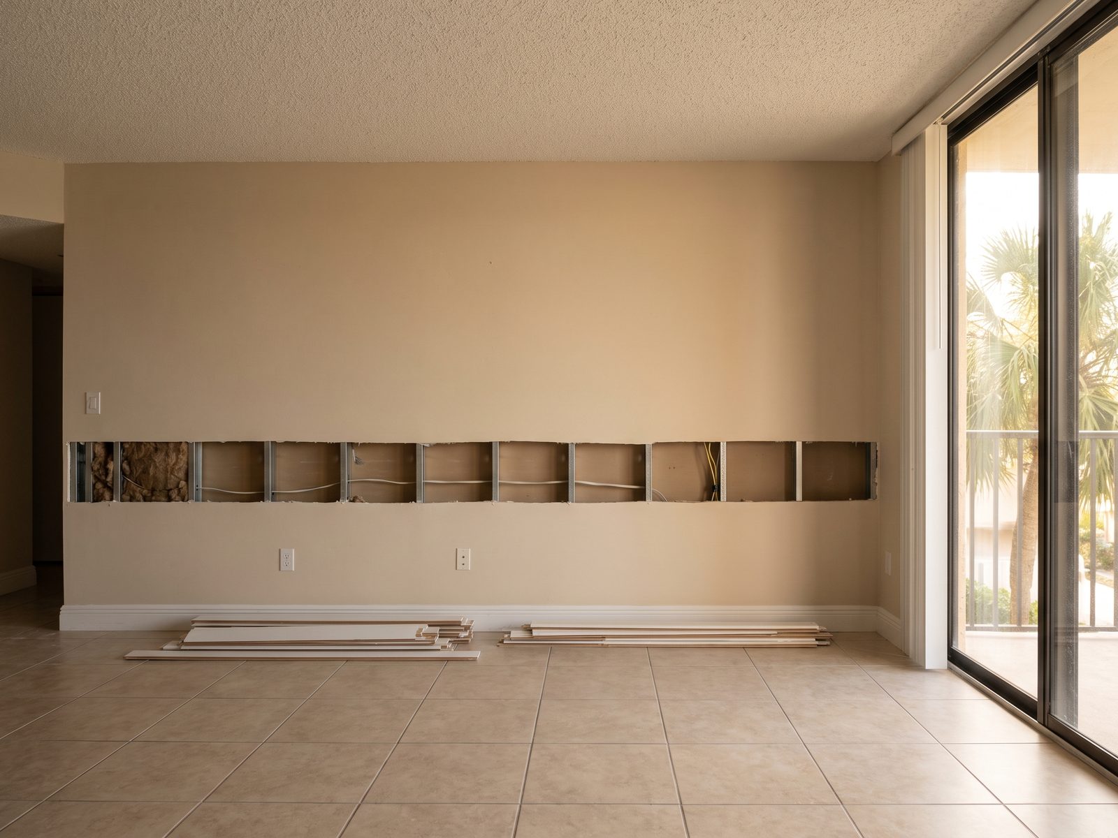 A cut-out band opened along a drywall wall exposing metal studs and insulation, with removed trim stacked on the tile floor.