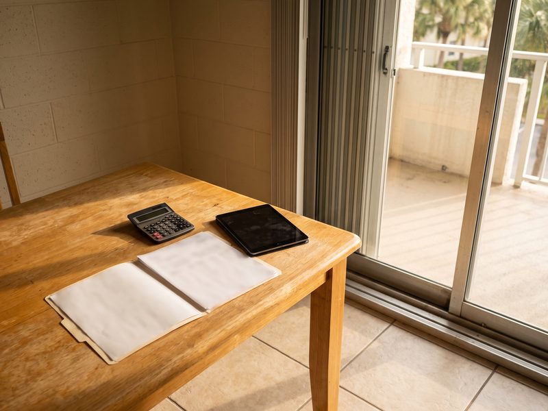 An open paper folder, a calculator and a tablet on a wooden table beside a sliding glass door in a South Florida condominium.