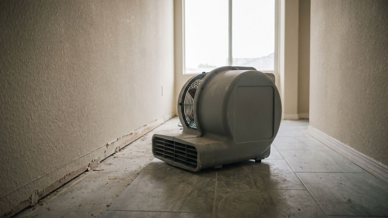 Air Mover Set After Extraction | Restoration Doctor Gray centrifugal air mover on tile, discharge aimed along a stucco wall where the baseboard has been removed, corridor empty.