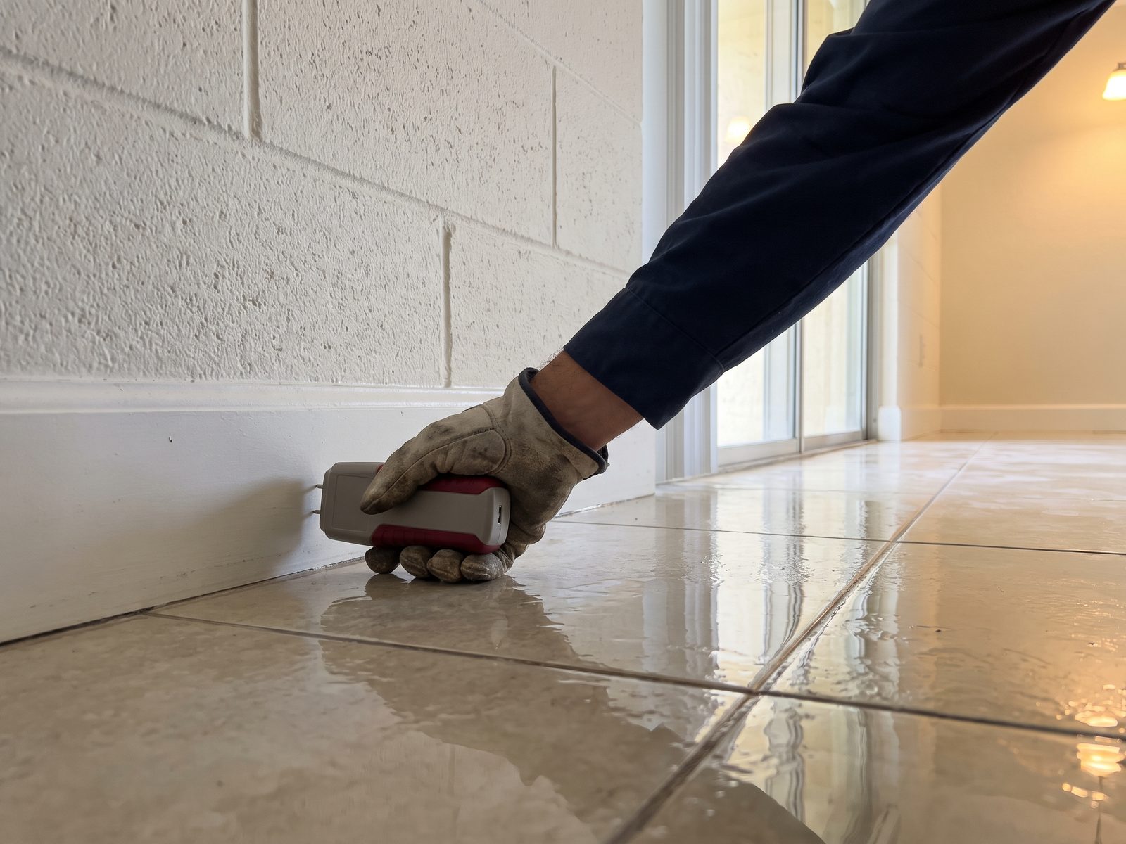 Mapping the Affected Area | Restoration Doctor Moisture meter held against the base of a painted block wall beside a wet tile floor.