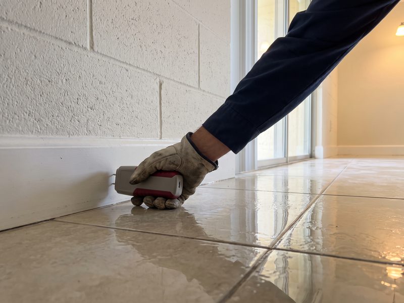 Moisture meter held against the base of a painted block wall beside a wet tile floor.