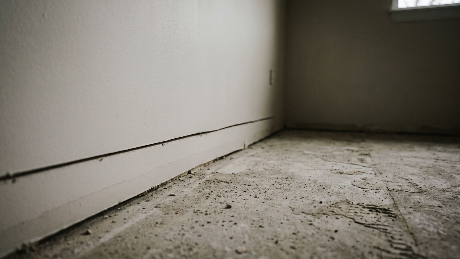 Where a Scope Becomes a Quantity | Restoration Doctor A straight cut line along a painted wall's base, above a bare concrete slab floor with no equipment present.