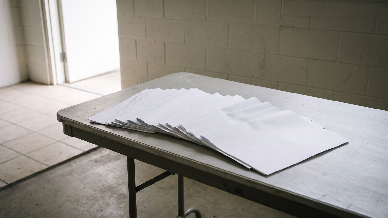 Reading the Carrier's Own Estimate | Restoration Doctor A thick fanned stack of blank white pages spread open across a folding work table against a painted block wall.