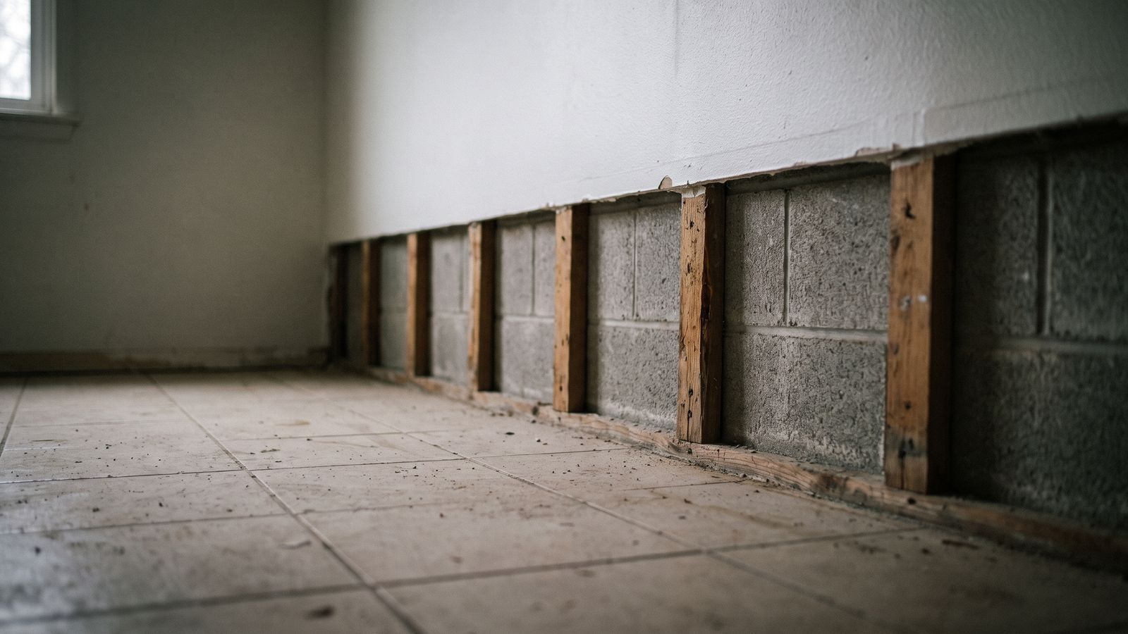 Painted Block and Furring Strips | Restoration Doctor A painted concrete block wall with wood furring strips exposed along its base after the finish was removed.