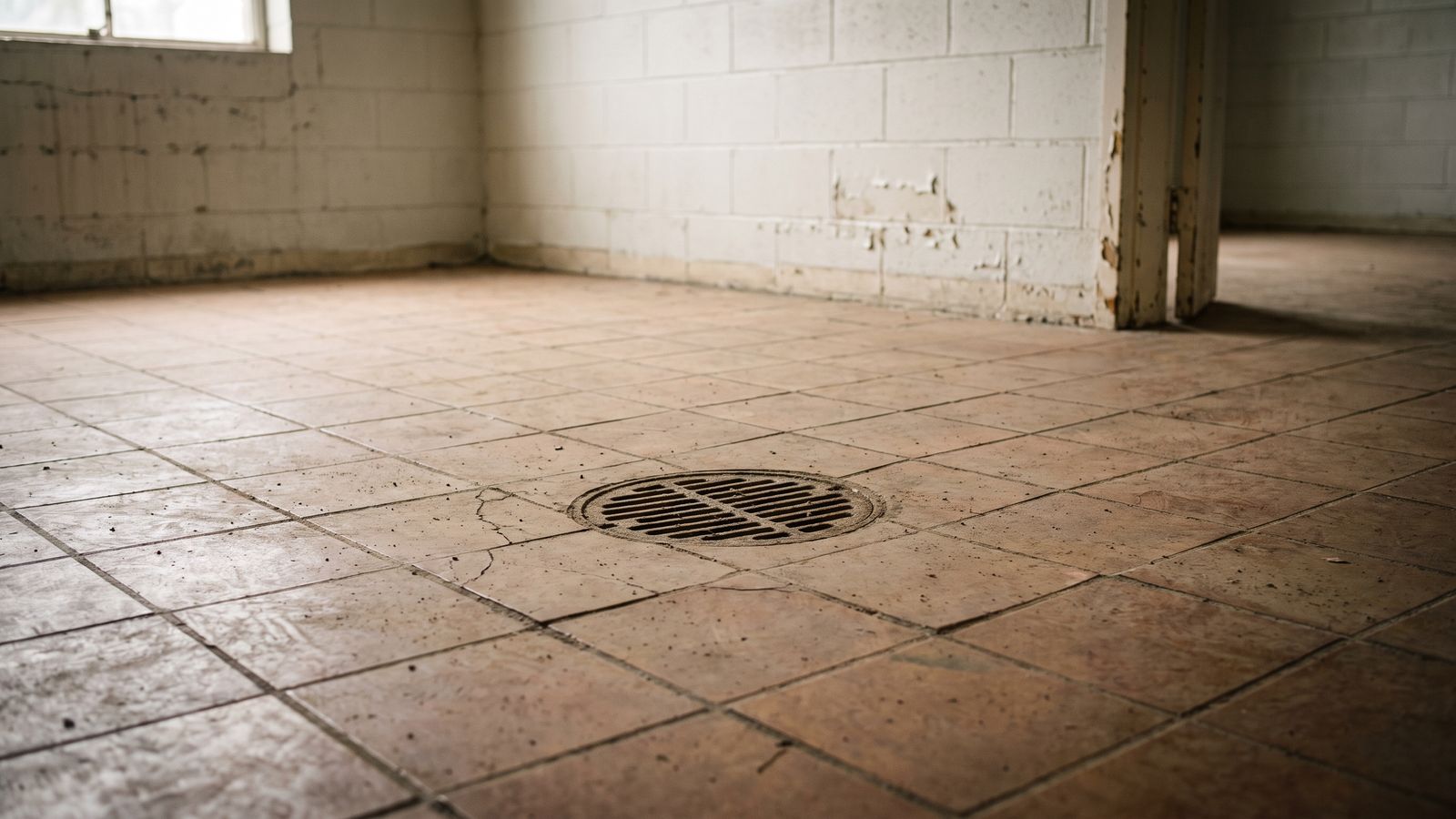 A Floor Drain in an Emptied Room | Restoration Doctor A round floor drain set flush in a dusty tiled floor in an emptied room with painted block walls.