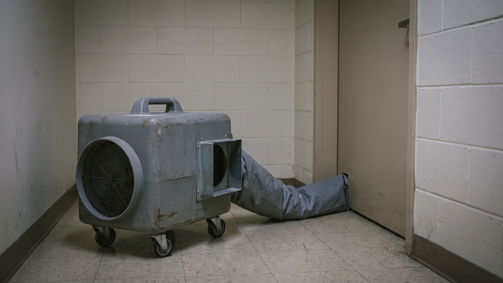 Equipment Staged in the Common Area A single gray ducted air scrubber in a condominium corridor with layflat duct running to the base of a closed unit door