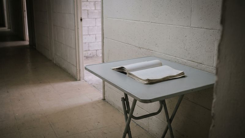 A fanned document set open on a folding table in a bare block-wall condominium corridor