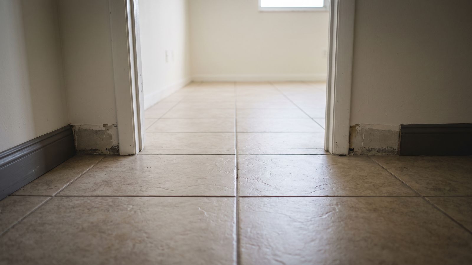 Continuous Tile Across a Threshold A tiled threshold between two rooms with the baseboard removed on both sides above the unbroken tile