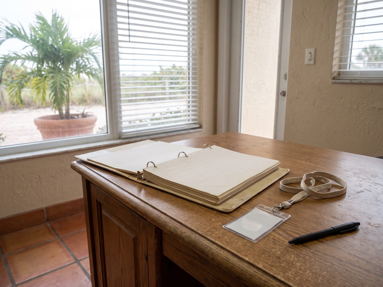 Condo Vendor Approval File | Restoration Doctor A ring binder and a blank visitor badge on a desk in a South Florida condominium office.
