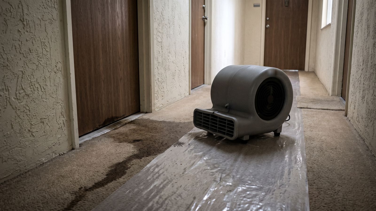 Air Mover on Floor Protection | Restoration Doctor Air mover and floor runner staged for condo restoration in a Miami high-rise corridor with wet carpet at a unit door.