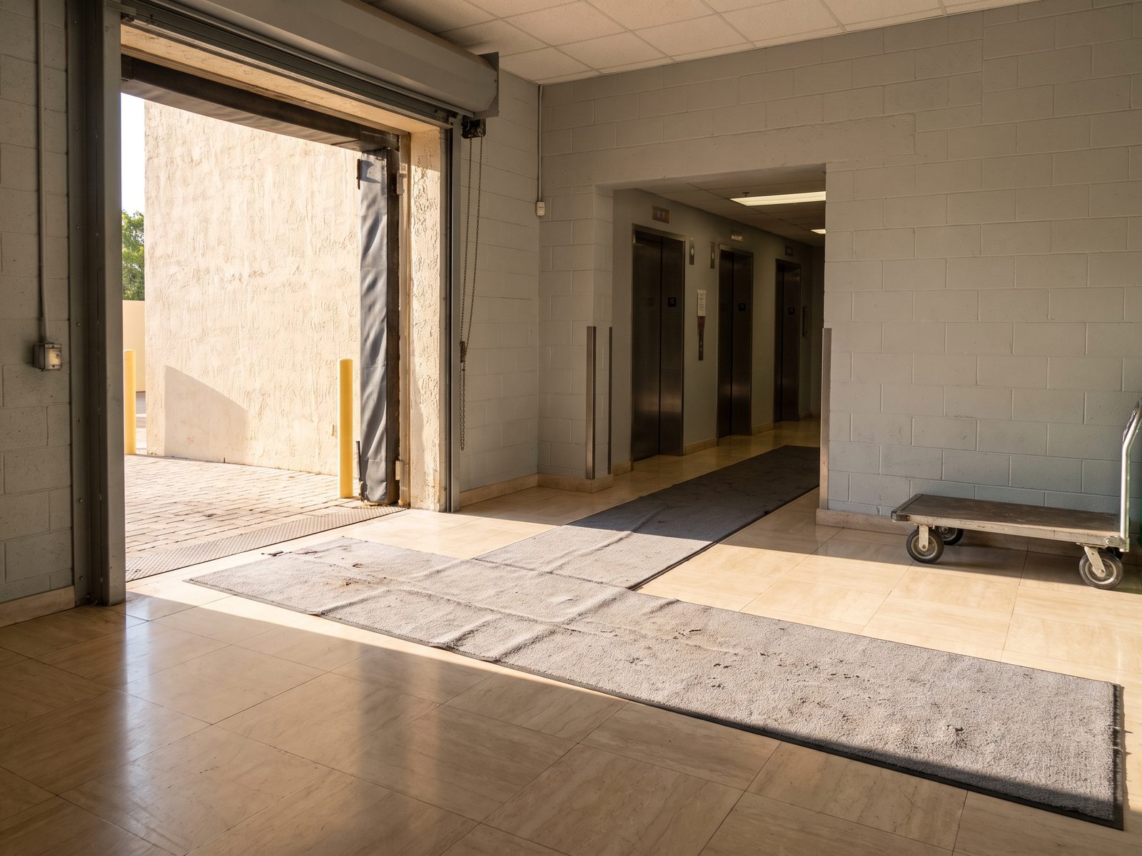 Dock to Elevator Route in a Miami Tower | Restoration Doctor A protective floor runner laid from the loading dock along a service corridor in a South Florida high-rise.