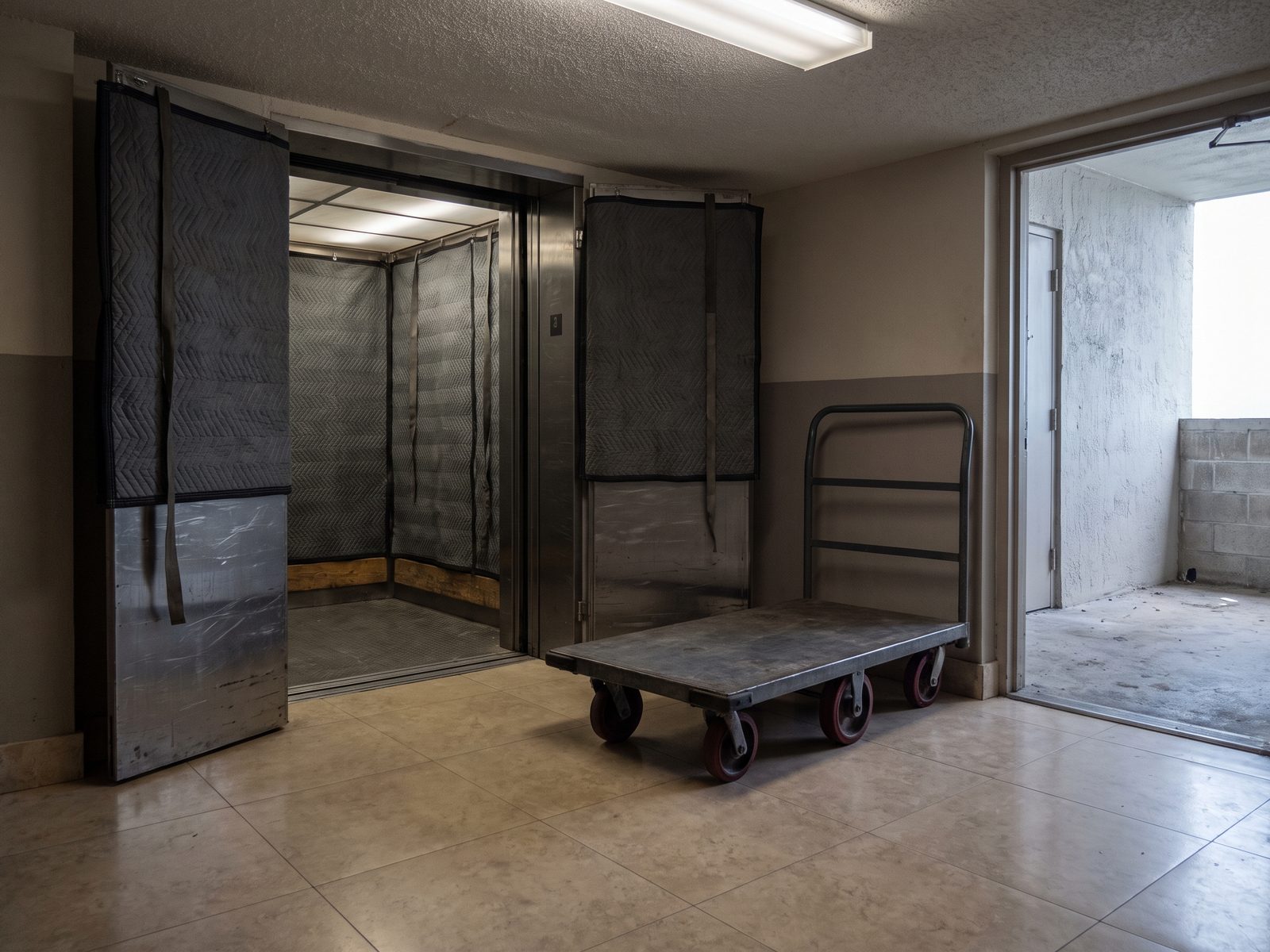 Service Elevator Protection Brickell | Restoration Doctor Service elevator lobby in a Brickell high-rise with quilted protection pads hung and a loading trolley waiting.