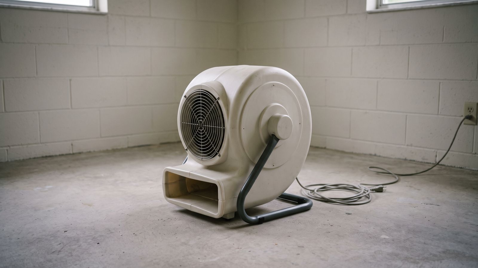 A single air mover with one round intake guard and a rectangular front outlet on a bare concrete floor