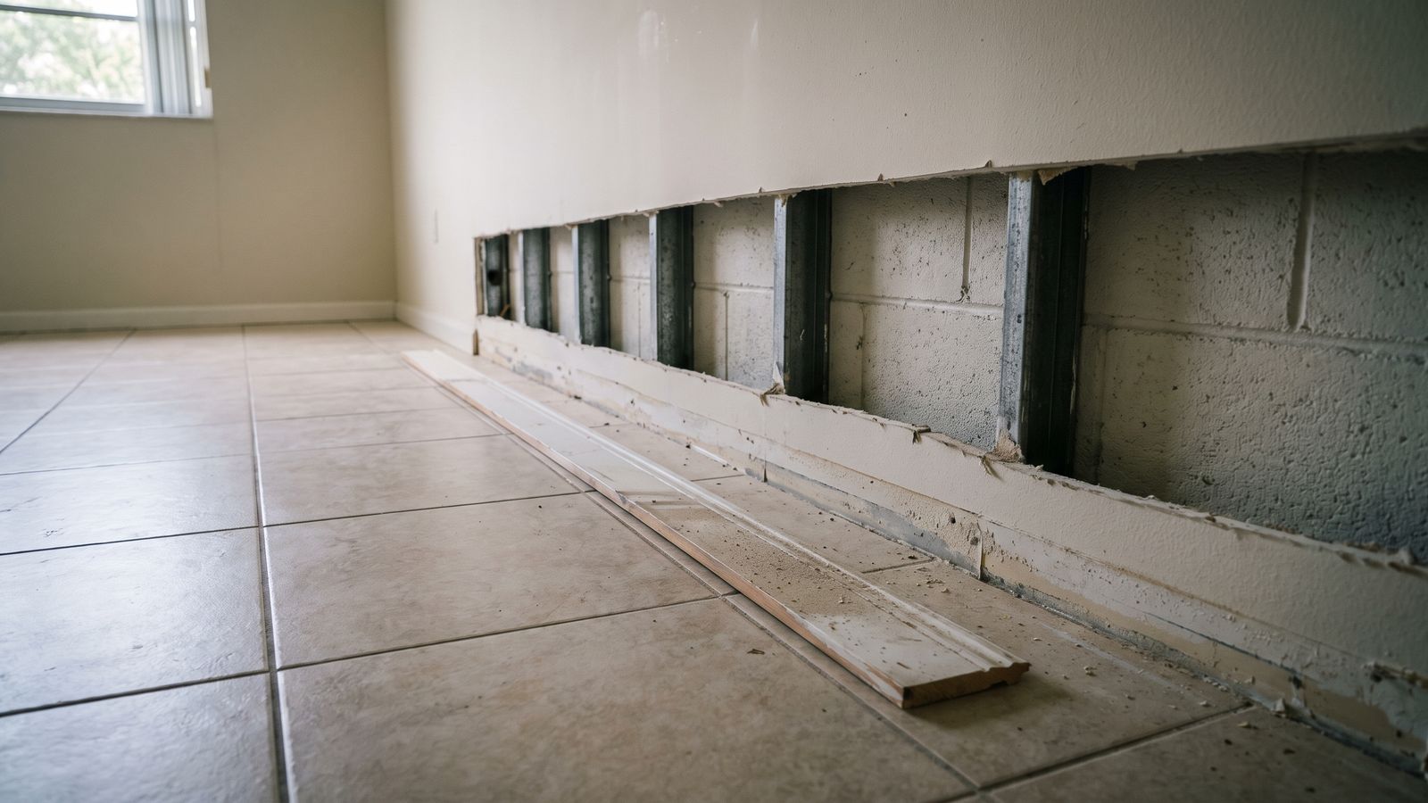 A lifted baseboard on a tiled floor below a cut drywall line exposing the block wall behind it