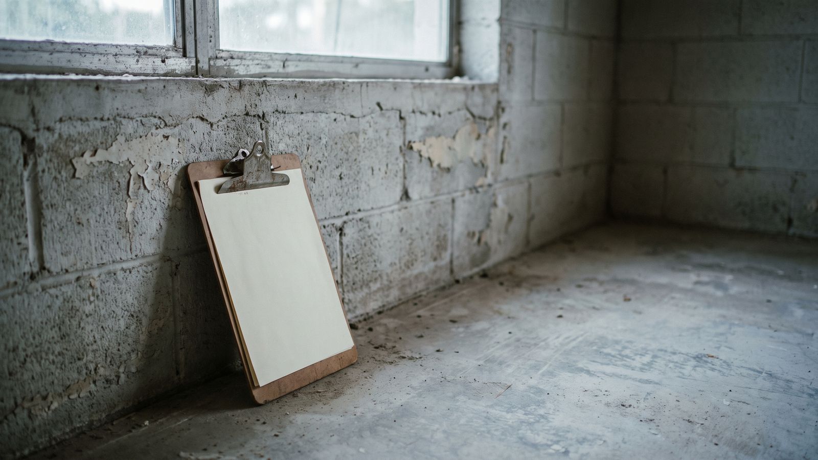 A clipboard holding one blank sheet propped against a stripped painted concrete block wall