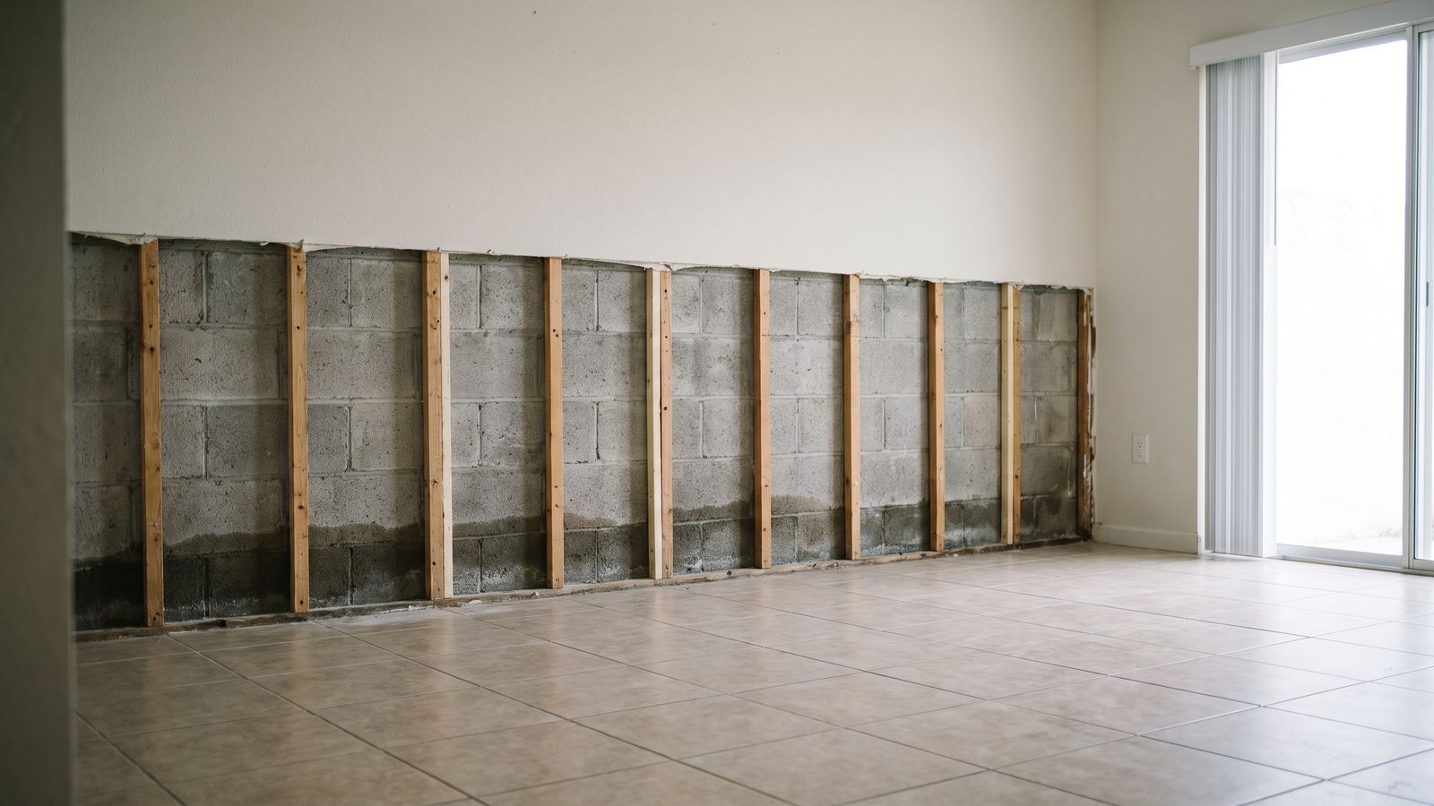 CBS Furring Cavity Exposed | Restoration Doctor Concrete block wall opened at the base, wood furring strips and a damp tide line exposed above a tiled Florida floor.
