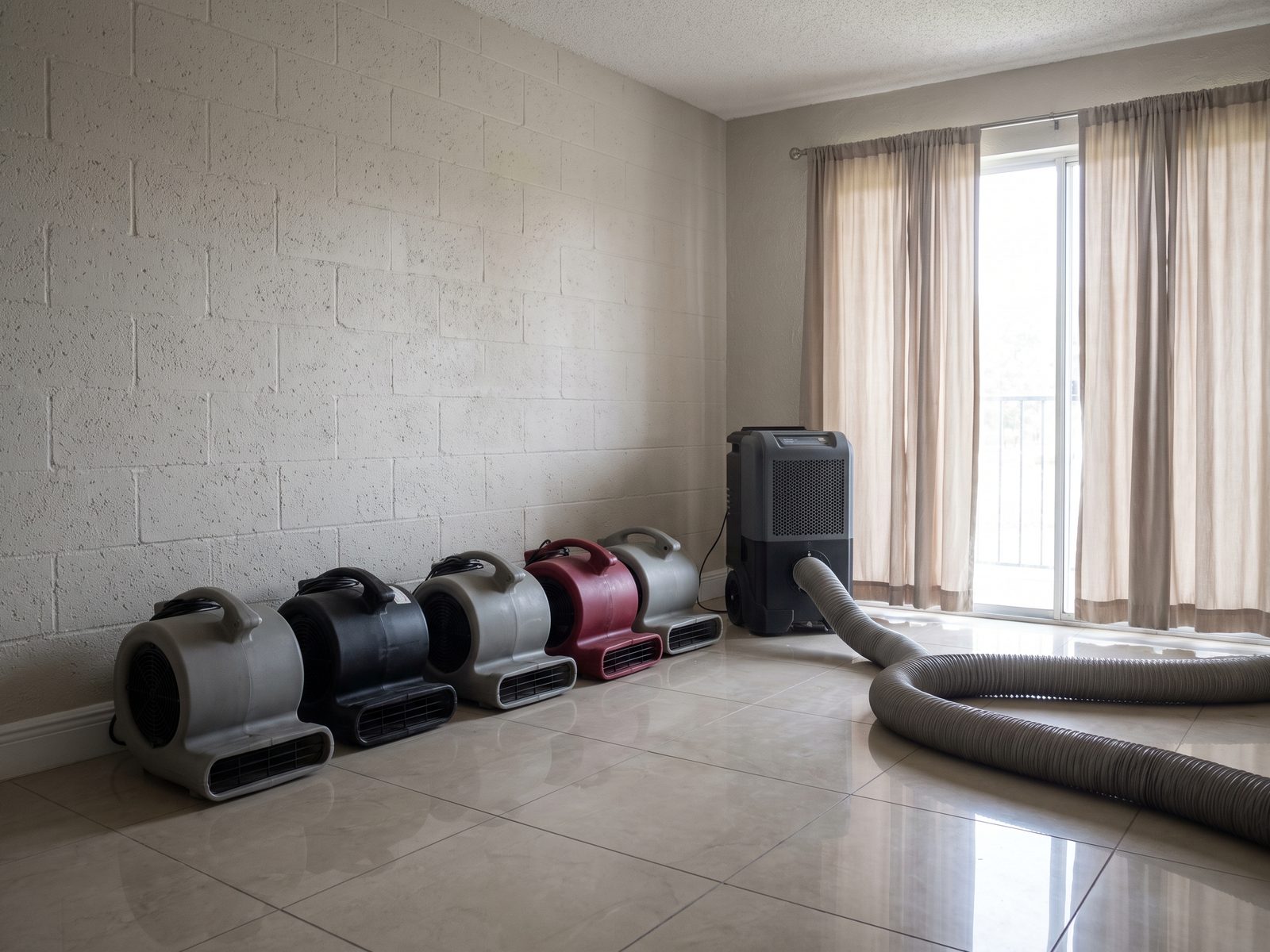 Drying a Block Wall in South Florida | Restoration Doctor Air movers aimed along the base of a block wall in an empty tiled living room with a dehumidifier nearby.