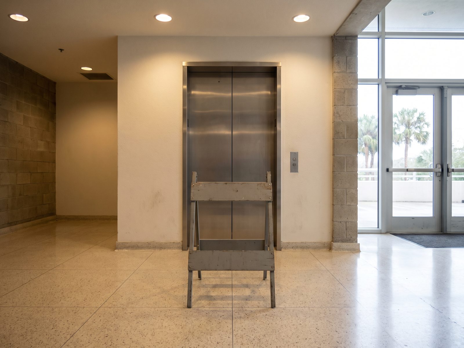 Elevator Out of Service Florida Tower | Restoration Doctor Closed elevator door with a plain barrier stand in front of it in a South Florida residential tower lobby.