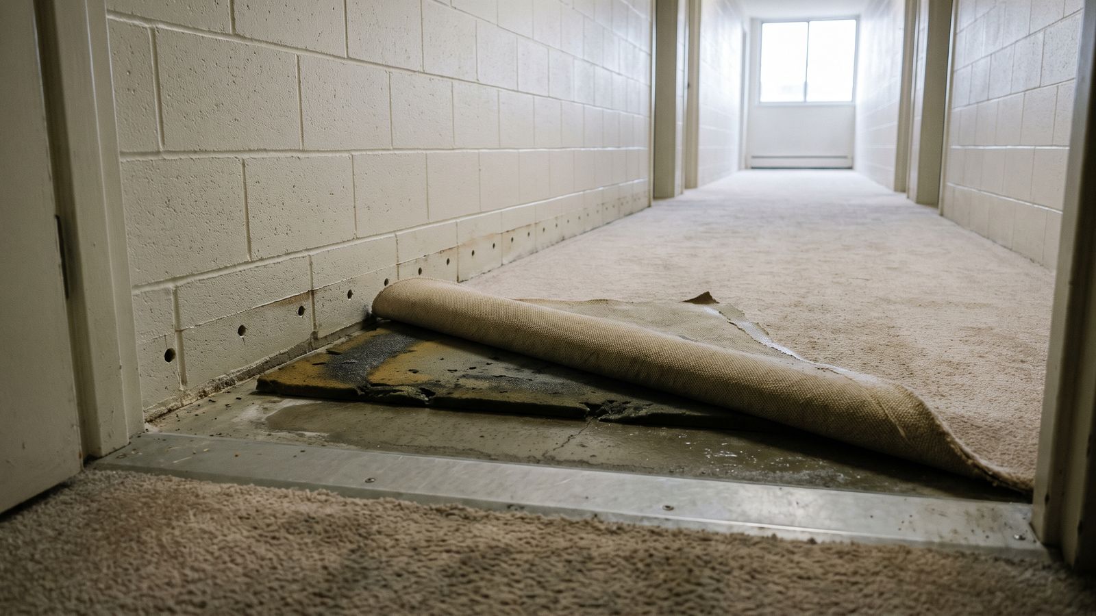 Corridor Carpet Lifted After Pit Flooding | Restoration Doctor Carpet folded back off a threshold in a Miami high-rise corridor, exposing a wet slab and drilled holes in the block wall.