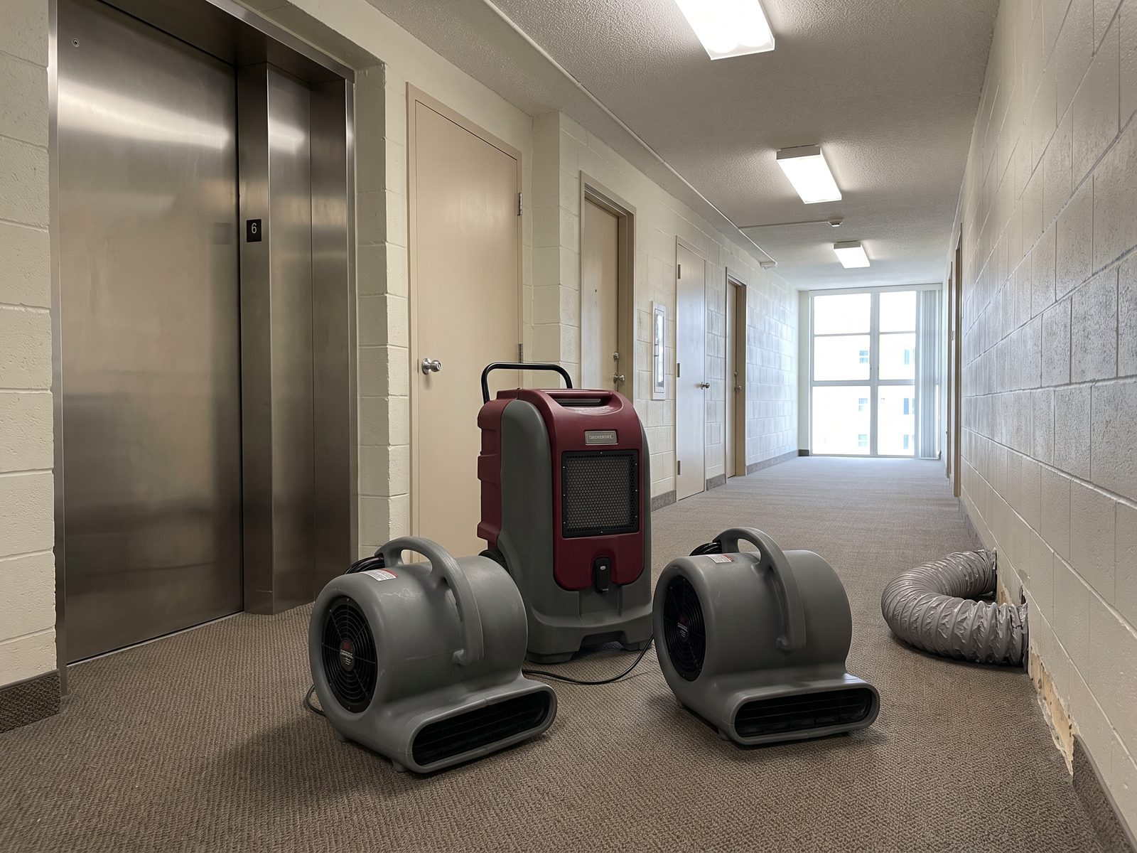 Corridor Drying Beside an Elevator Landing | Restoration Doctor Air movers and a dehumidifier running on the carpet of a high-rise corridor beside a closed elevator landing.