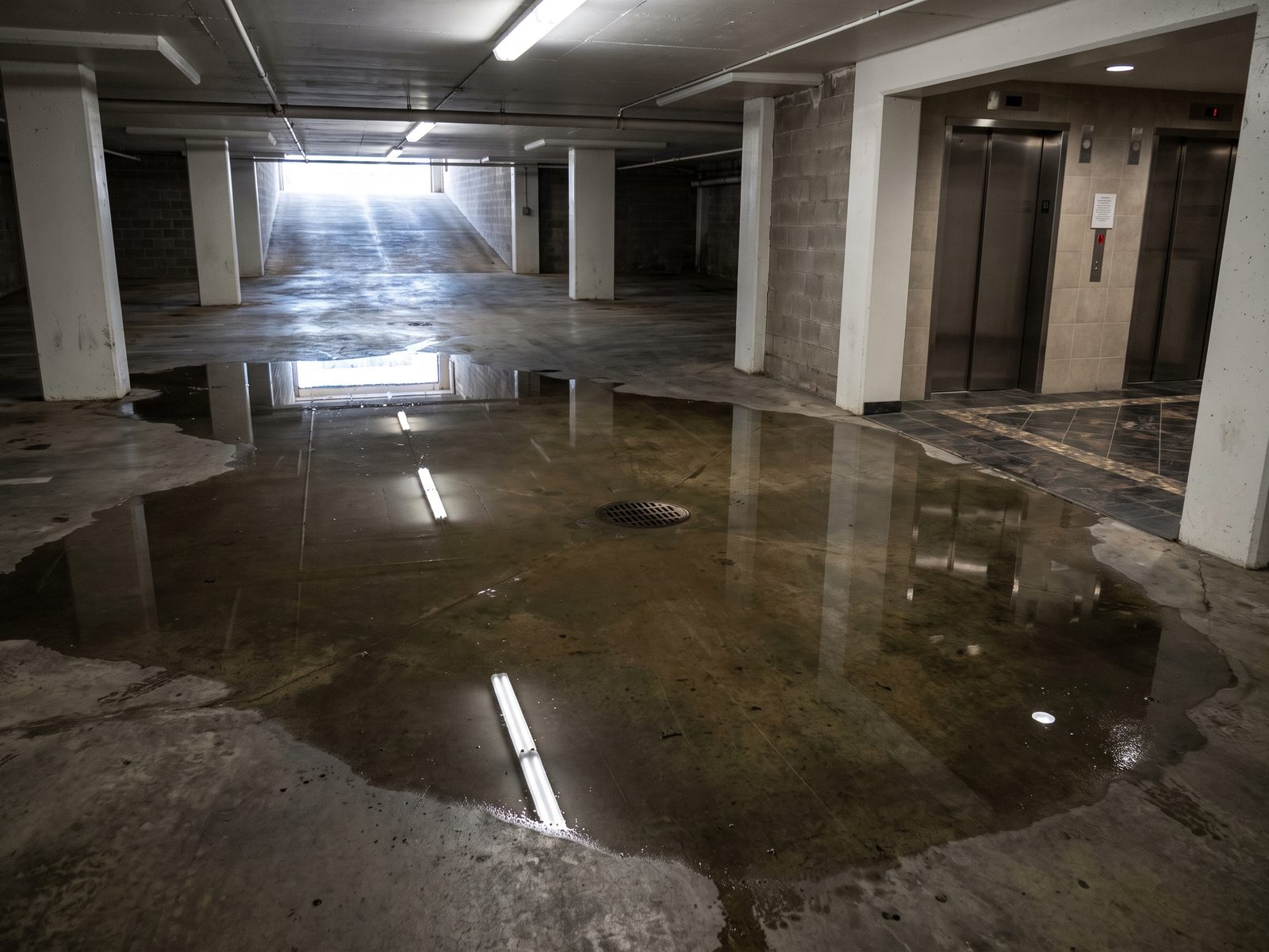 Shallow water across a below-grade parking level running toward a drain beside a high-rise elevator lobby.