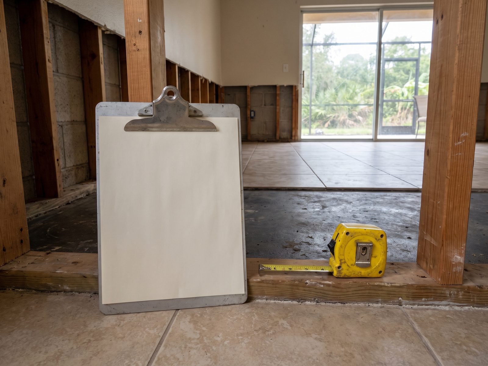 Estimating After a Flood Loss | Restoration Doctor Clipboard with a blank estimate form and a tape measure on a stripped interior wall in a flooded Florida home.