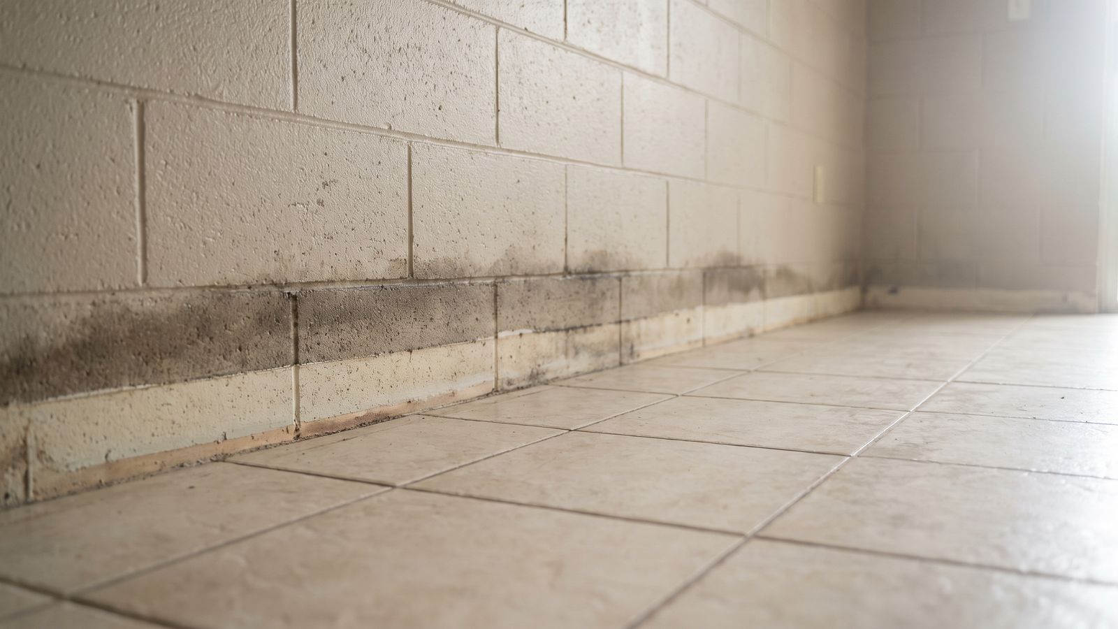 Damp tide line at the base of a painted concrete-block wall above tile, baseboard removed, in a Florida water damage claim.