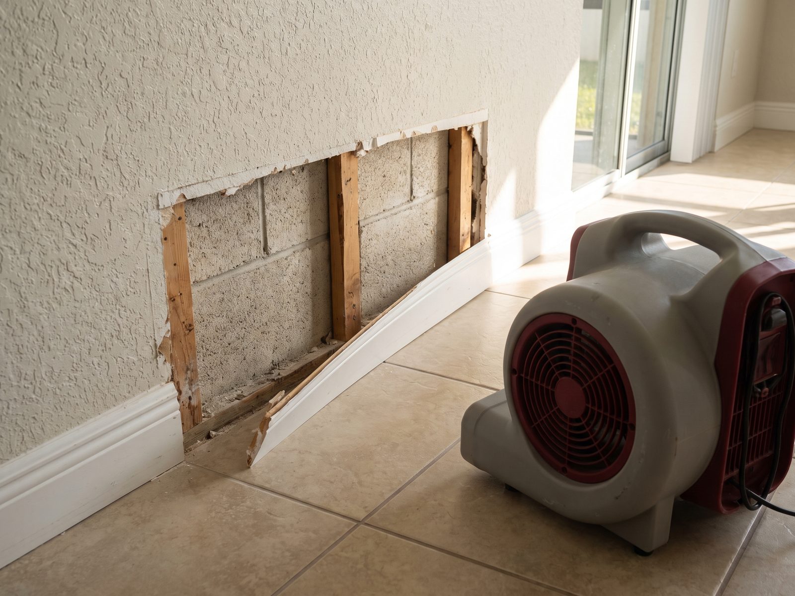 Tear-Out Behind a Block Wall | Restoration Doctor Drywall and baseboard cut away from a block wall, exposing wood furring strips, with an air mover running beside it.