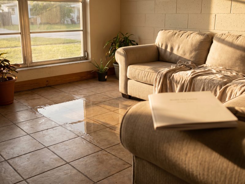 Water spreading across a tile floor beside a sofa in a South Florida living room, policy booklet nearby.