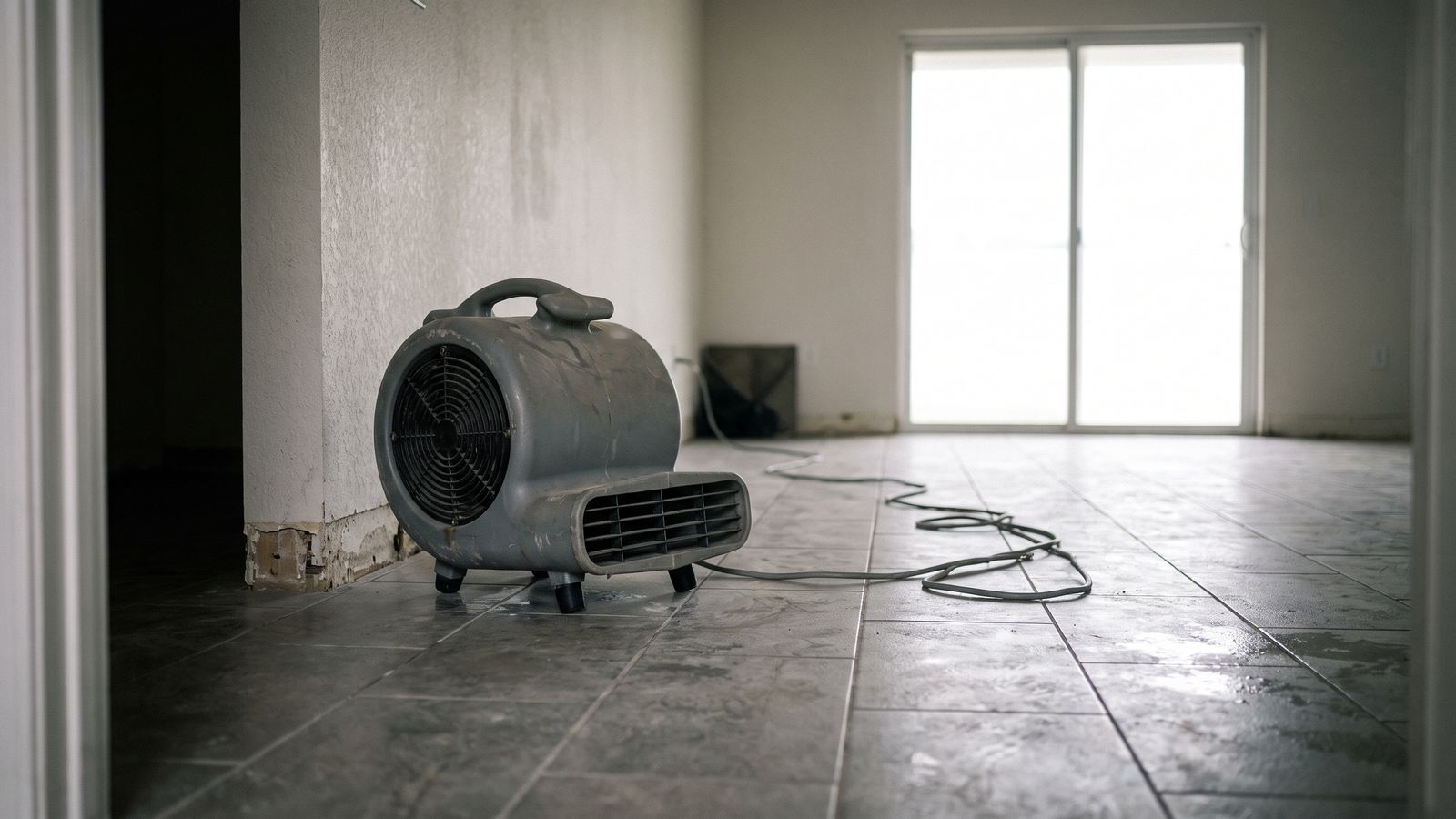 Air mover drying wet tile at a stripped wall base Gray centrifugal air mover drying wet tile and a stripped wall base in a South Florida home after storm water damage
