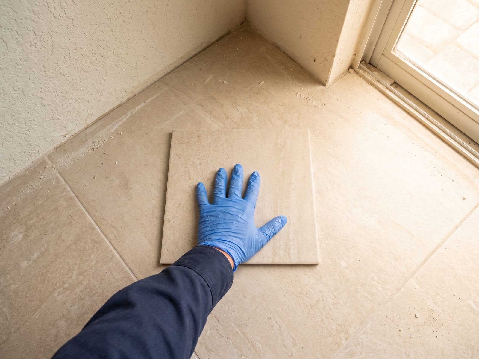 Comparing a Discontinued Tile Sample | Restoration Doctor Gloved hand comparing a lifted tile sample against the surrounding floor to check color and edge profile.