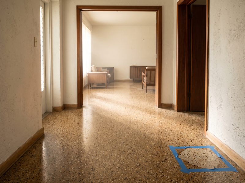 Continuous terrazzo flooring running from a hallway into a living room in a mid-century Coral Gables home.