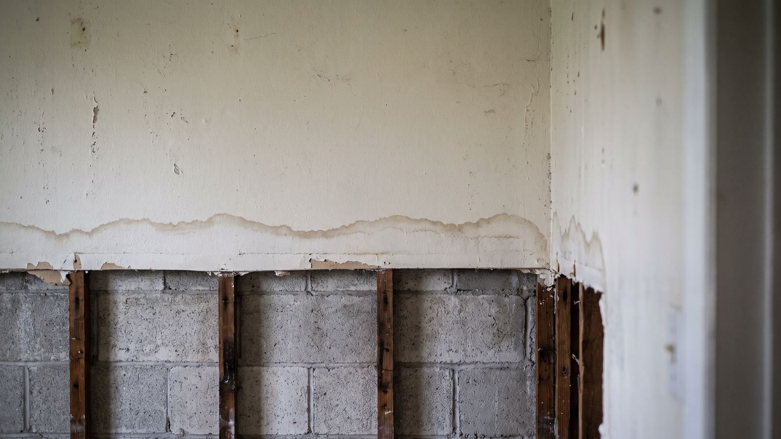 A Water Line on Painted Block A painted wall with a horizontal water stain line above furring strips exposed down to the concrete block.
