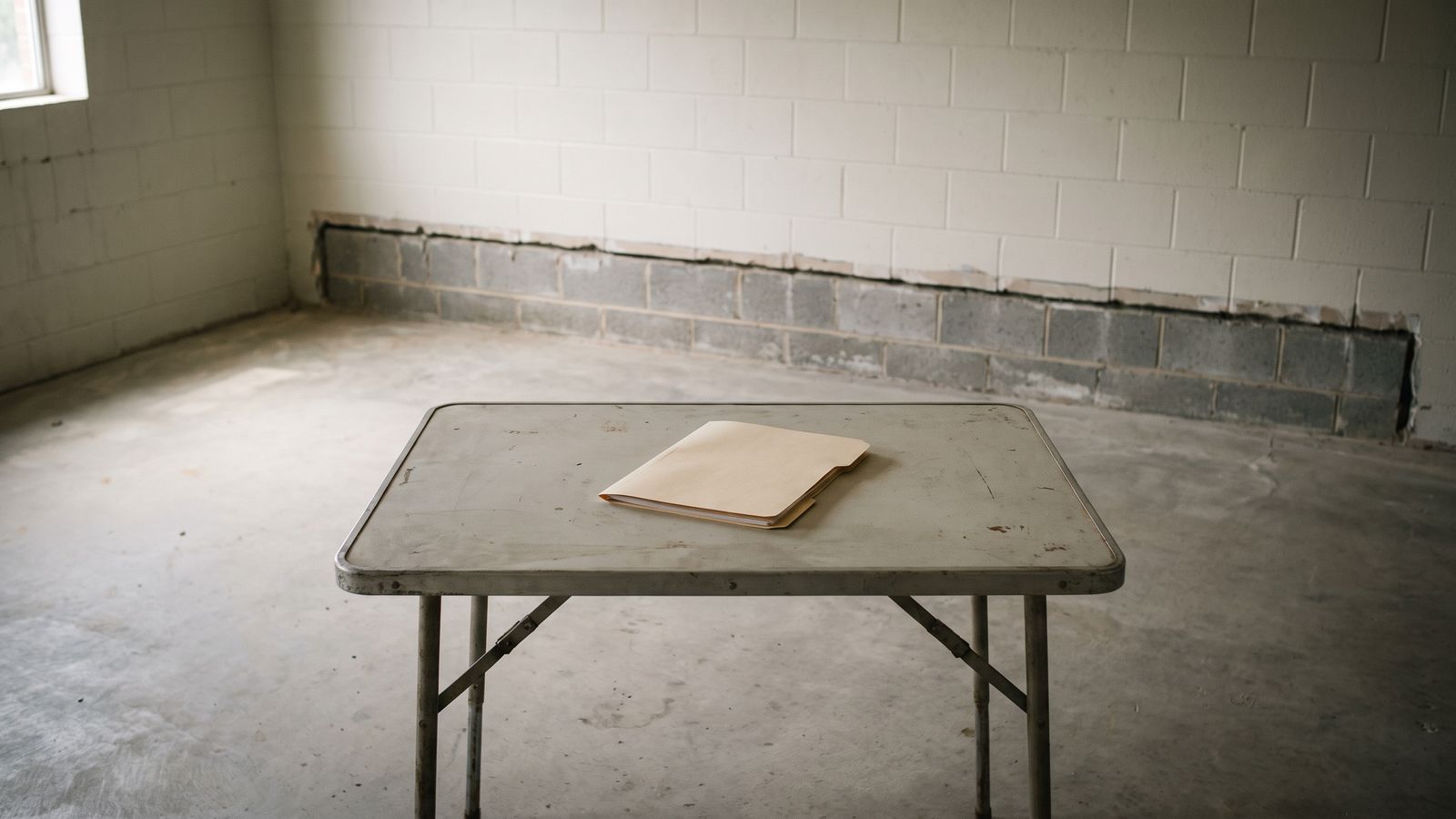 The File a Claim Dispute Turns On A closed tan document folder on a bare folding table in an emptied block-walled room with a concrete floor.