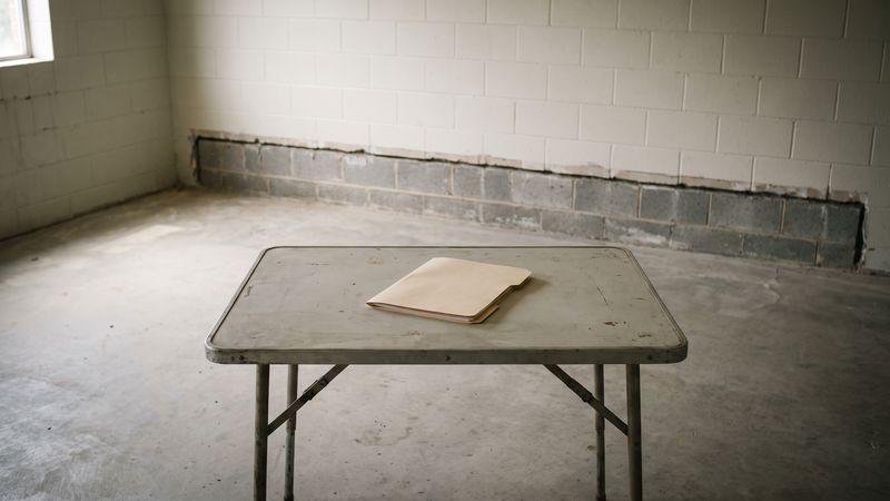 A closed tan document folder on a bare folding table in an emptied block-walled room with a concrete floor.