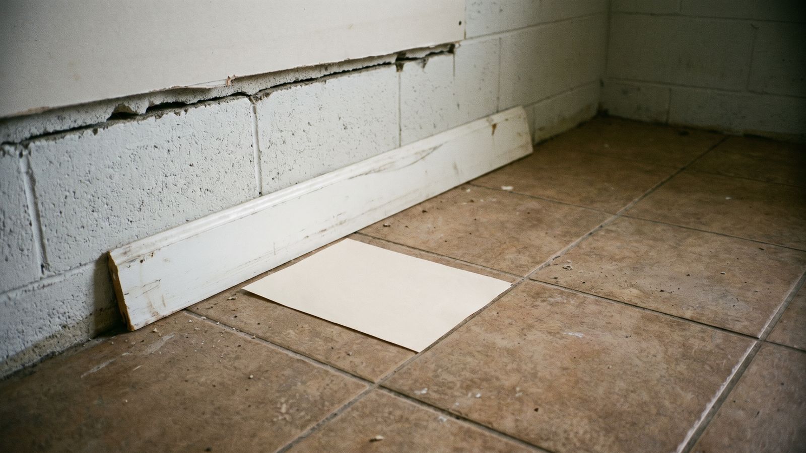 Paper the Conference Runs On A blank sheet of paper face down on tile beside a removed baseboard and a painted block wall stripped at its base.