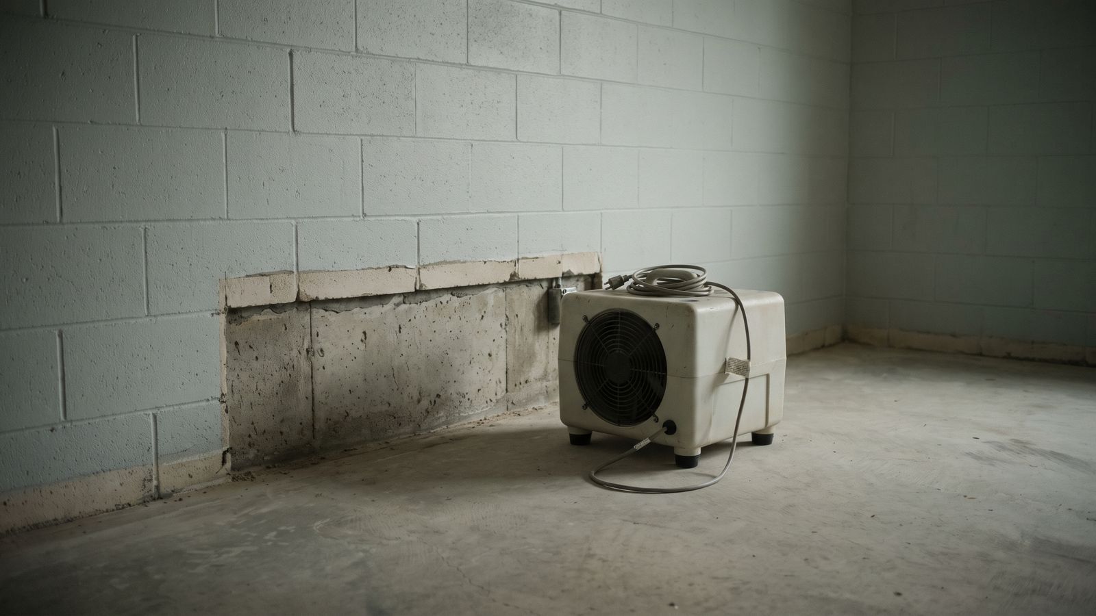 Scope of Removal in One Frame A painted concrete block wall stripped along its base above a bare slab floor, with one air mover set beside it.