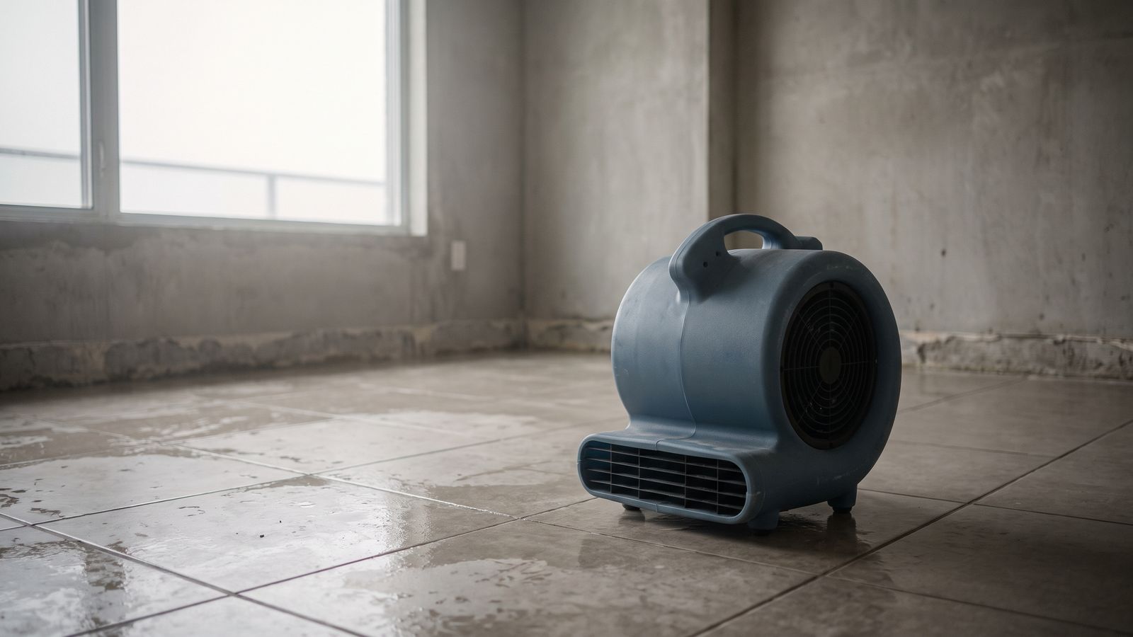 Air mover drying wet tile in an emptied condo unit Blue-gray snail-shell air mover on wet tile beside a stripped wall base in an emptied unit, drying after condo water damage