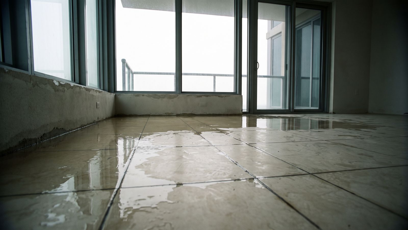 Standing water on tile in a high-rise condo unit Sheet of standing water across pale large-format tile in an empty glass-walled high-rise unit after condo water damage