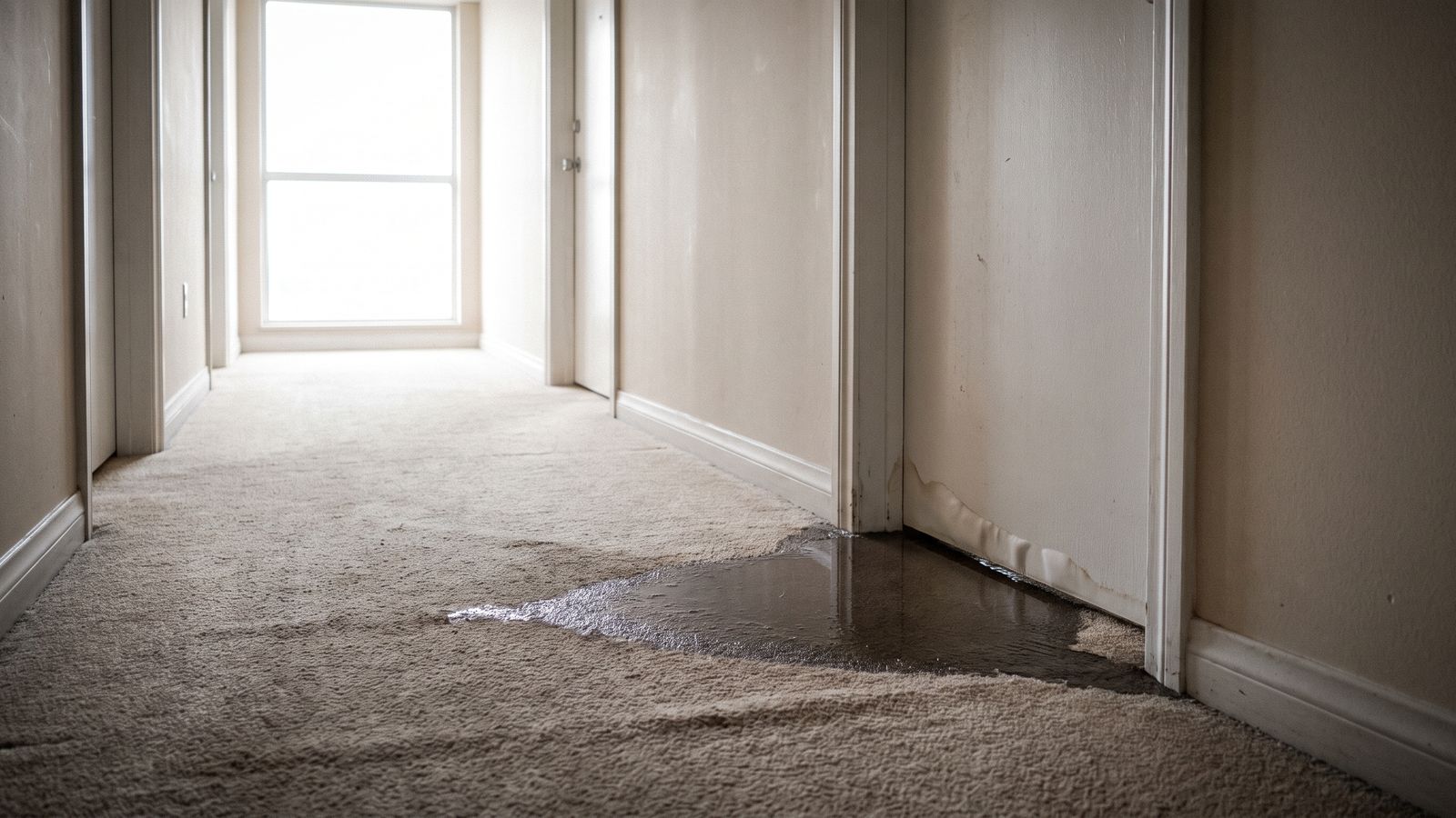 Water tracking under a unit door into the corridor Water spread from under a closed unit door across pale corridor carpet, the door bottom swollen by condo water damage
