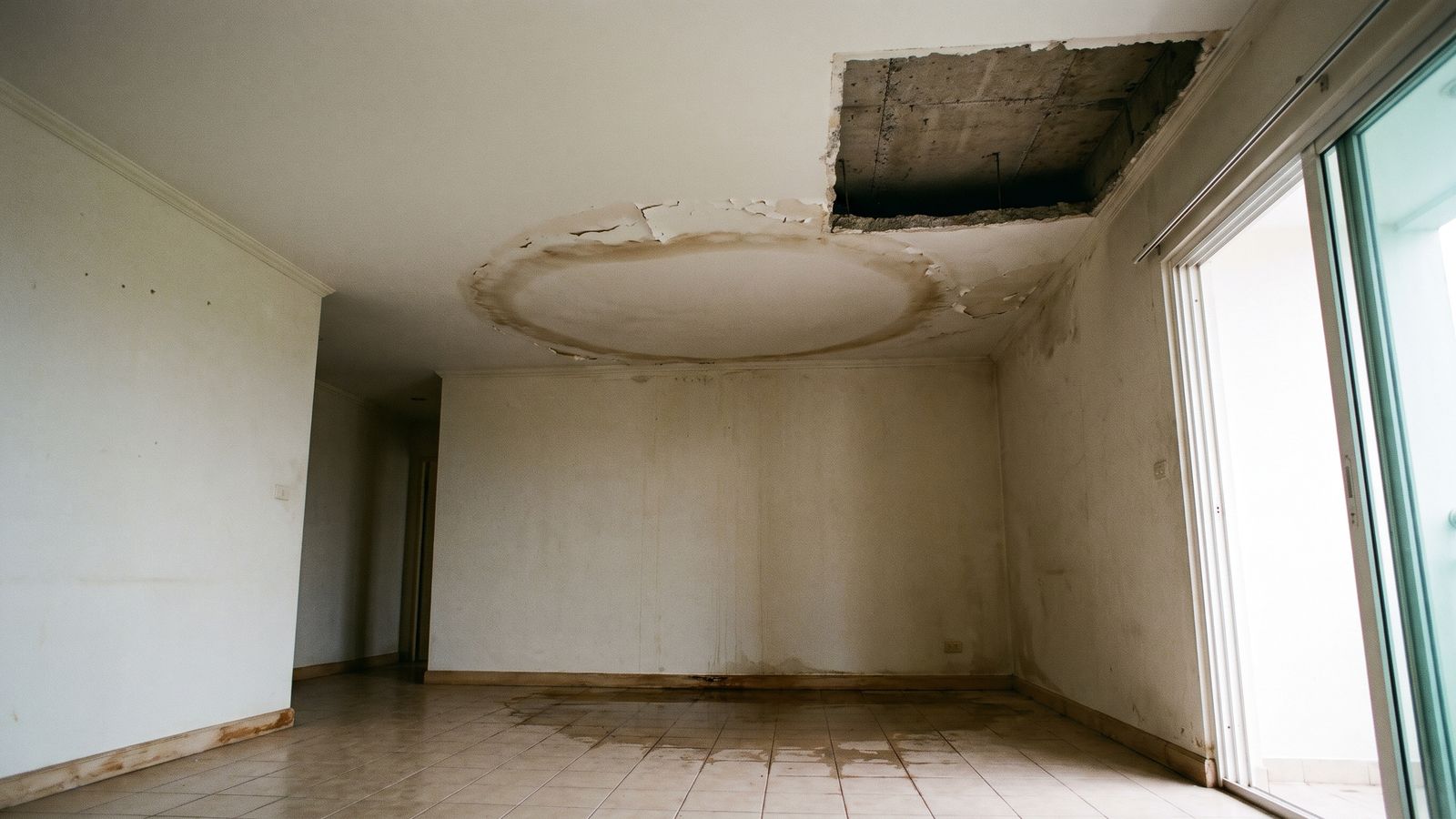 Stained sagging ceiling opened to the concrete slab Sagging ceiling with a wide brown tide ring and one corner opened to bare concrete slab, high-rise condo water damage