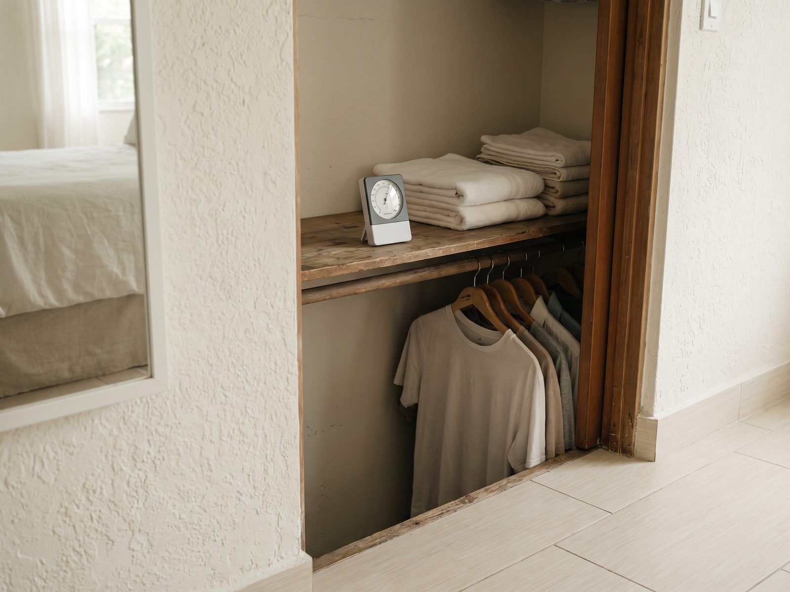 Closet Humidity in a Miami Home | Restoration Doctor Small analog hygrometer standing on a closet shelf beside folded towels, with shirts hanging on the rail below.