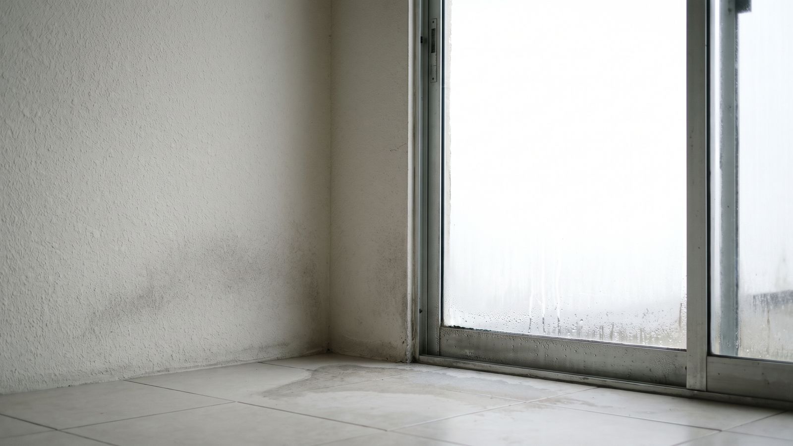 Early Mold Bloom at a Sliding Glass Door | Restoration Doctor Faint gray mold bloom on a stucco wall corner beside a sliding glass door with condensation in an un-cooled Florida home.