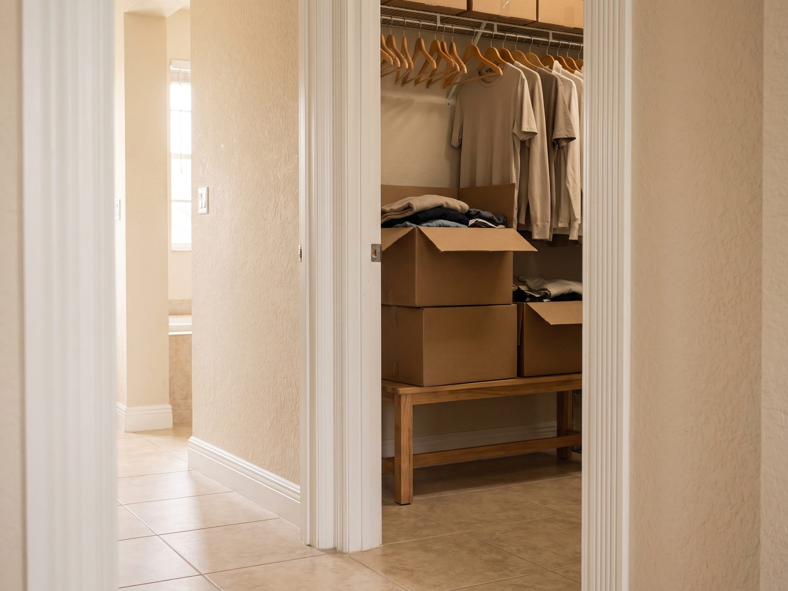 Opening Dead Air Pockets After an Outage | Restoration Doctor Open closet doorway in a South Florida home with clothes on the rail and open boxes stacked on a bench off the tile floor.