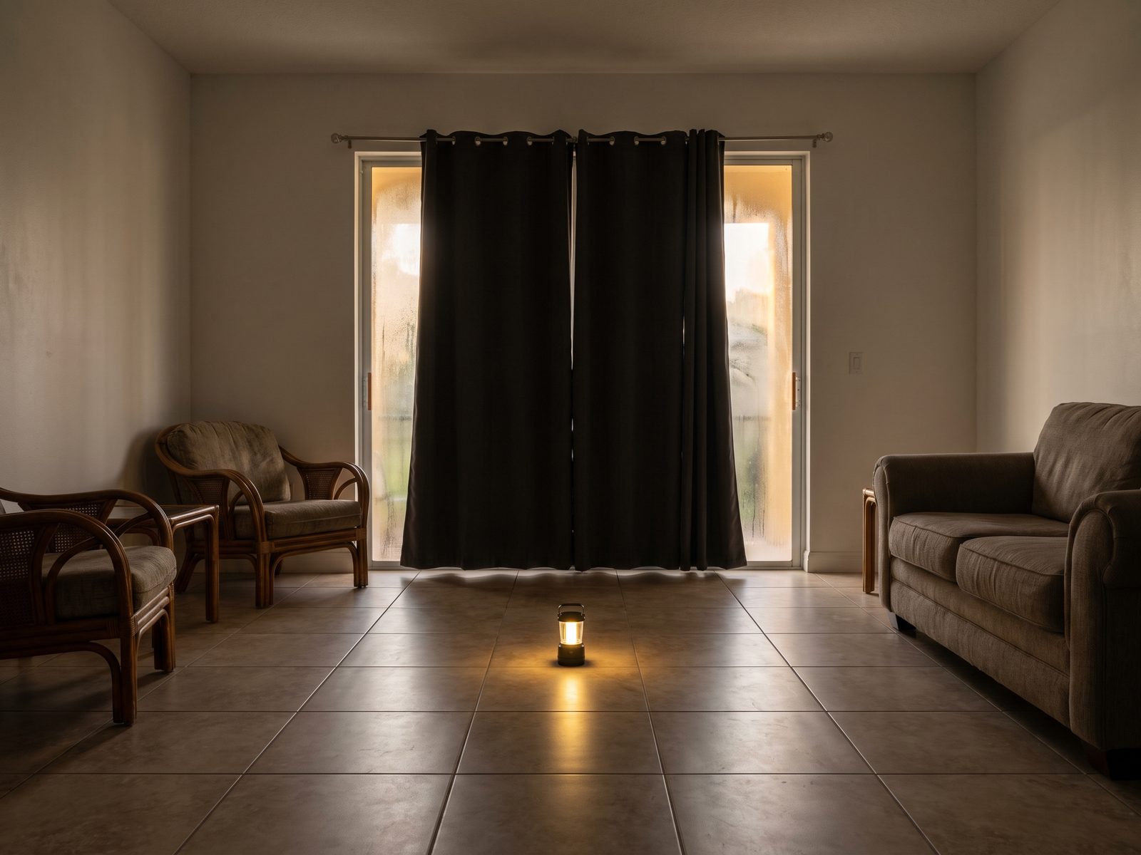 Closed South Florida living room during a power outage with faint condensation on the inside of a window.