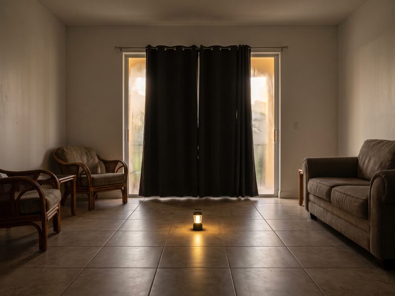 Closed South Florida living room during a power outage with faint condensation on the inside of a window.