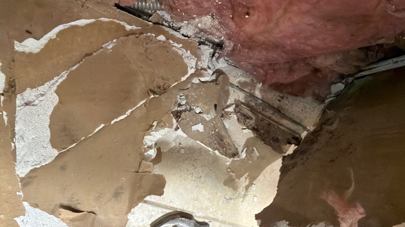 Ceiling drywall torn open from below, exposing wet pink insulation and stained framing