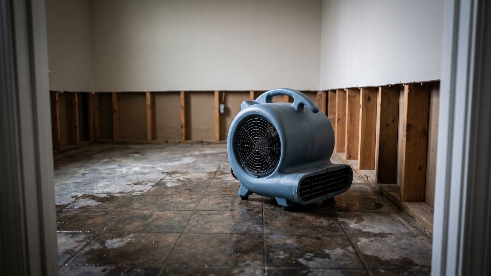 Air mover on wet tile beside a flood-cut wall Blue-gray centrifugal air mover on wet tile beside a flood-cut wall in a room emptied after hurricane water damage